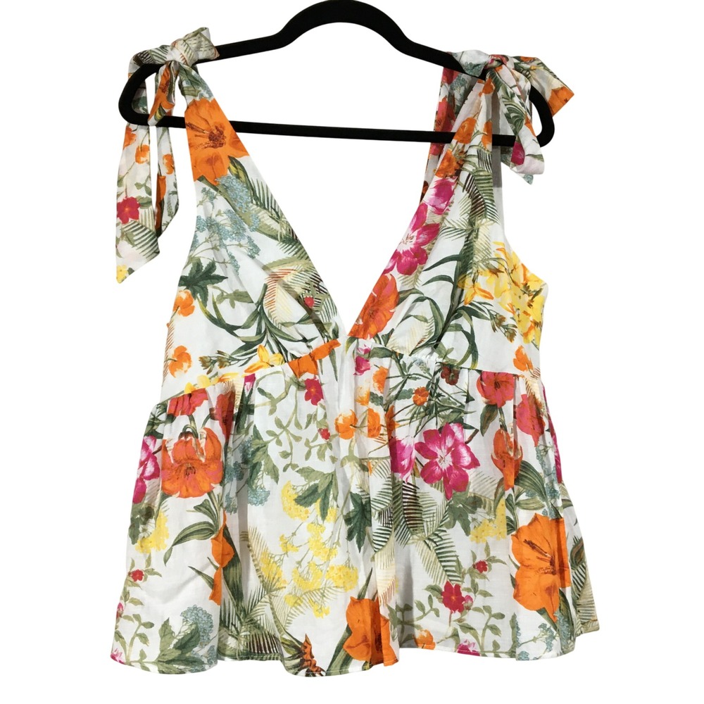 Chelsea & Violet Women's Floral Print Linen Blend Tie Shoulder Peplum Tank Top L